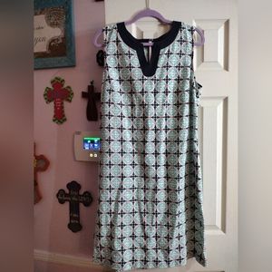 Talbots Sheath  V Neck Dress Womens White Navy  LinenSleeveless Size 14